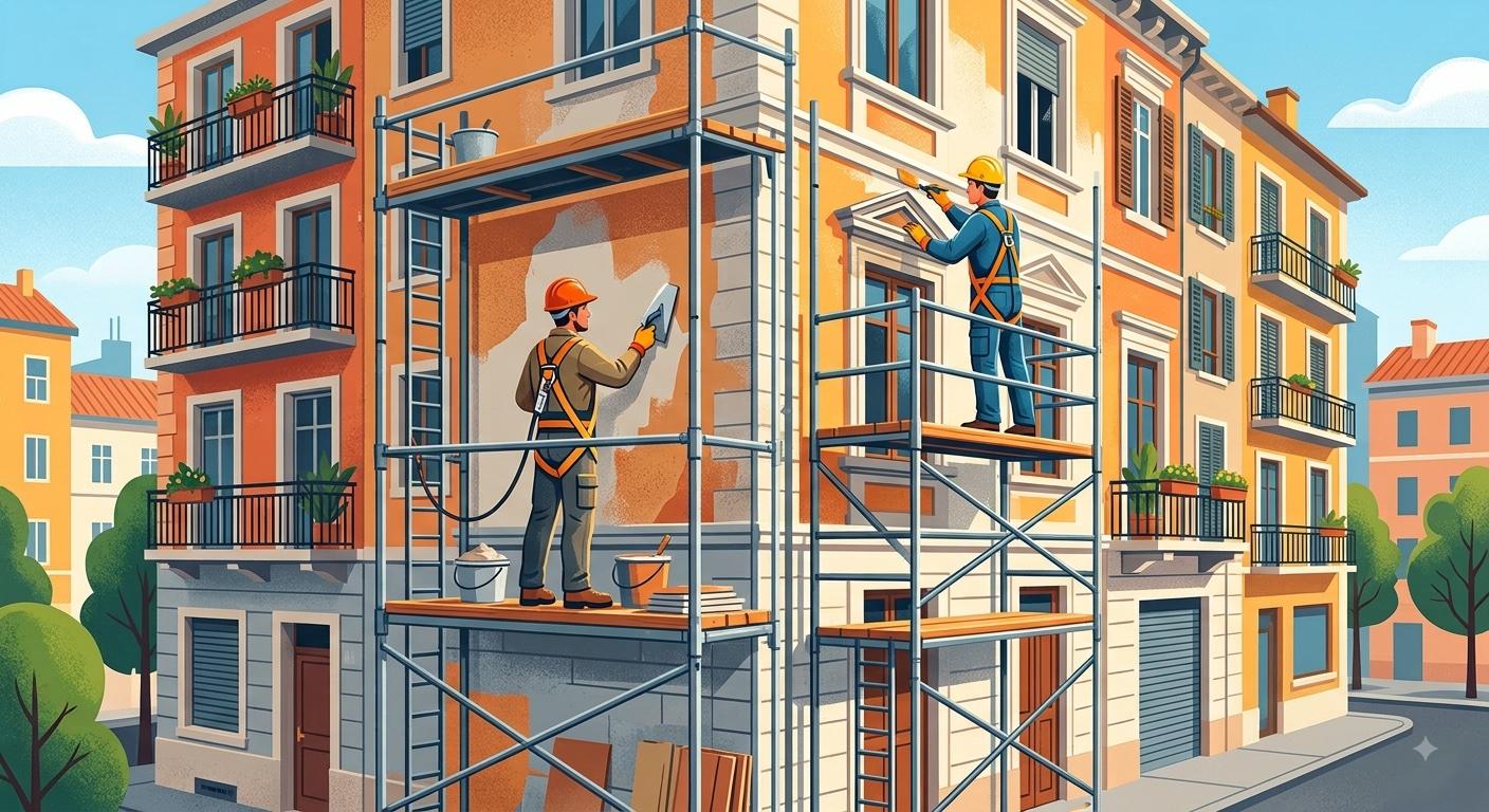 Illustrazione di restauro dei prospetti di un edificio condominiale